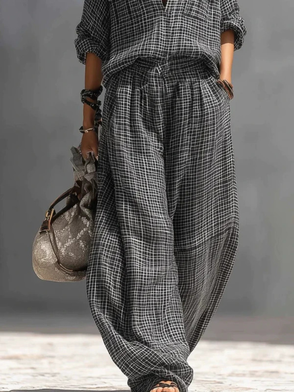 Summer Street Trend Retro Print Loose Wide Leg Two Piece Set